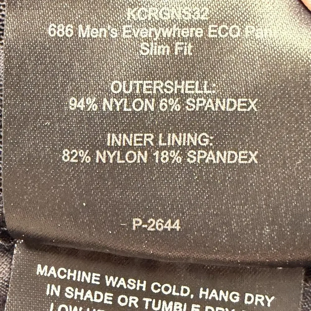 686 Pants Mens 32x32 Black Everywhere Eco Slim Fit Water Resistant Stretch Chino